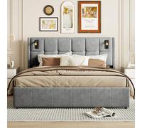 belupai Letto baule imbottito con 2 lampade da lettura, 140 x 200 cm, letto matrimoniale con rete, schienale con design di rivetti, letti due posti con e-book, letti 2 persone per adulti e adolescenti