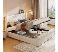 belupai Letto matrimoniale imbottito 140 x 200 cm, letto idraulico con luci di lettura e testiera trapuntata con bottoni, letto contenitore, rete a doghe in legno, velluto, senza materasso (beige)