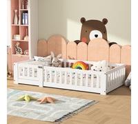 belupai Letto per Bambini,120x200cm Letto Montessori a Pavimento in Legno Massiccio con Barriera, letto a pavimento con rete a doghe, legno massiccio pino, adatto per ragazzi e ragazze,Bianco