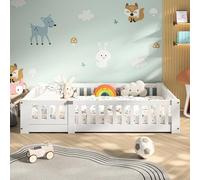 belupai Letto per Bambini 80x160cm, Letto Montessori a Pavimento in Legno Massiccio con Barriera, letto a pavimento con rete a doghe, legno massiccio pino, adatto per ragazzi e ragazze,Bianco