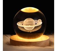 belupai Luce notturna a sfera di cristallo, trasparente intagliata in 3D, sfera di cristallo con base in legno, luce LED, ornamento da tavolo, regalo per bambini e amici (Saturno)
