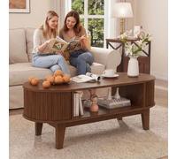 belupai Tavolino da Salotto con Piano Ovale Scomparti,100x50x50.4cm Tavolino da Caffè con 2 scomparto nascosto,Tavolino Basso compatto scandinavo moderno per piccoli spazi,Tavolino Centrale, Noce