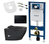 Belvit Set completo per WC sospeso con funzione bidet, WC da parete nero con Taharet e UP320 elemento di fissaggio in ceramica, senza bordi e sedile WC con coperchio a chiusura morbida, colore nero