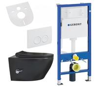 Belvit Set completo per WC sospeso con funzione bidet - WC da parete nero opaco con Taharet e Geberit UP100, attacco per acqua calda e fredda, coperchio WC con abbassamento automatico e piastra di