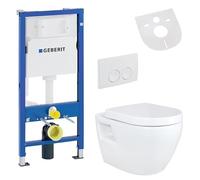 Belvit Set completo per WC sospeso + elemento Duofix Basic + WC senza bordo in ceramica + coperchio WC con abbassamento automatico + piastra di azionamento + isolamento acustico