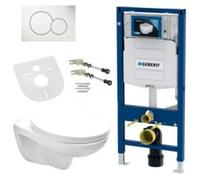 Belvit Set completo per WC sospeso, senza bordi, bianco con sedile a chiusura morbida, WC da parete con elemento a parete UP320, piastra Sigma bianca, ancoraggio a parete, isolamento acustico e