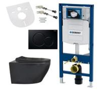 Belvit Set completo per WC sospeso, senza bordi, nero opaco, con sedile Softclose, WC da parete con elemento UP100, piastra di pressione nera, isolamento acustico e coperchio WC con abbassamento