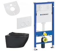 Belvit Set WC sospeso nero opaco - WC senza bordo con isolamento acustico e valvola di intercettazione, UP100, piastra di azionamento, coperchio WC con abbassamento automatico - in ceramica
