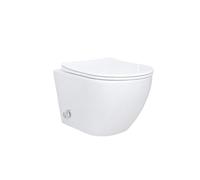 Belvit WC sospeso senza bordi, bianco con coperchio integrato Taharet/bidet e coperchio WC con abbassamento automatico - WC da parete con attacco per acqua fredda e calda, WC di design con doccia in