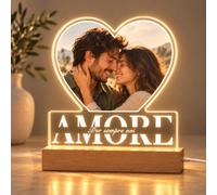 Bemaystar Lampada Personalizzata con Foto Cuore, Scritta Amore e Testo, Luce Notturna LED in Acrilico con Base in Legno, Regalo Coppia per Anniversario, San Valentino, Compleanno e Natale