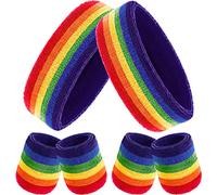 Bememo Set di 6 fasce per il sudore a righe, include 2 fasce sportive e 4 braccialetti per il sudore in cotone colorato, set di fasce per il sudore per uomini e donne (colore arcobaleno, 6 pezzi)