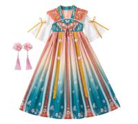 Bemonew Abito cinese, costume Mulan per ragazze con gonna sfumata e ricamo floreale + fermaglio per capelli abbinato, blu champagne, 140 cm