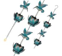 Bemonew Catena antipioggia decorativa da 2,40 m, vintage, in metallo, blu, con 6 colibrì e 6 tazze di loto, campanello per il drenaggio del tetto, decorazione per patio e giardino