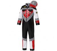 Bemonew Costume da pilota di auto da corsa per bambini con cappuccio, per vacanze e feste cosplay, motivo a scacchi, rosso, nero, bianco, M,