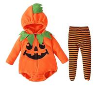 Bemonew Costume da zucca per neonato, costume da zucca per neonato a maniche lunghe con cappuccio e tutina a righe, completo con cerniera per bambine e ragazze