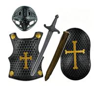Bemonew Set di 4 costumi da cavaliere per bambini, con croce medievale, armatura vintage con spada, scudo e casco, leggero, per giochi di ruolo e performance, nero