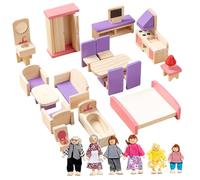 Bemonew Set di Mobili per Casa delle Bambole in Legno con 6 Bambole di Famiglia, Mobili per Casa delle con 5 Camere, Accessori Educativi Fai da Te per Bambini 3+ Festa di Compleanno di Natale, Colora