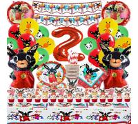 Bemoseng Bing Compleanno 2, 101 Pcs Stoviglie esta Compleanno, Bing Decorazioni per la tavola del C-ompleanno del Coniglietto, Piatto Bandiera Tovagliolo Tazza Tovaglia per Feste di C-ompleanno