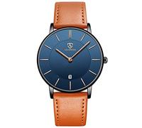 BEN NEVIS Orologio da polso da uomo, minimalista, alla moda, semplice, analogico, datario, con cinturino in pelle, 01-arancione-blu-P, Classico, minimalista