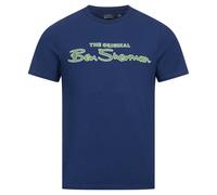 Ben Sherman T-Shirt Casual Da Uomo Con Logo Flocked Blu Nuovo