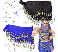 Benaton 2 Pezzi Cintura di Danza del Ventre, Gonna di Danza del Ventre di Monete d'oro, Cintura Danza del Ventre Sciarpa, Cintura di Danza Indiana, per Spettacoli sul Palco, Celebrazione (Blu, Nero)