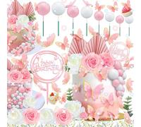 Benaton 52 Pezzi Torte Fiori Floreali Farfalla Cake Topper Decorazione Rosa Torta Compleanno Boema con Rose Foglie di Palma Rosette Cake Toppers Happy Birthday Cake Topper Fiore Foglie Di Palma Topper