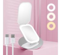 Benbilry Specchio da viaggio compatto illuminato con 3 luci colorate e ingrandimento 1X/3X, specchio tascabile ultra sottile ricaricabile per borsa, 2 lati, portatile, pieghevole, portatile, bianco