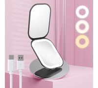 Benbilry Specchio da viaggio compatto illuminato con 3 luci colorate e ingrandimento 1X/3X, specchio tascabile ultra sottile ricaricabile per borsa, 2 lati, portatile, pieghevole, portatile, nero