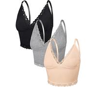 Bencailor 3 Canotte Intime Corte Top con Bordo Pizzo Bralette in Maglia a Costine Canottiere da Donna (Nero, Grigio, Colore Nudo, L)