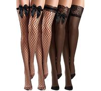 Bencailor 4 Calze Autoreggenti a Rete Velate a Coscia con Top in Pizzo Silicone(Nero,L)