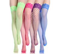 Bencailor 4 Paia Calze Autoreggenti a Rete Velate a Coscia con Top in Pizzo Silicone per Donna(Blu, Verde, Rosa, Viola,L)