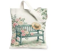 Bench - Borsa tote in tela da donna, con cappello primaverile con rose floreali e cappello verde primaverile, lavabile, riutilizzabile, ideale per familiari, amici, colleghi, lettura, amore, 33 x 38