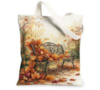 Bench Canvas Tote Bag, Nature Artistic Leaves Pathway Fall Orange Small Tote Bag 33 x 38 cm, Arancione, 13x15 Inch
