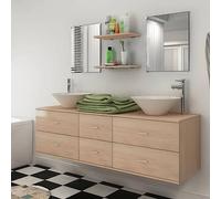 Bendmaxx Set di mobili da bagno beige, 9 pezzi, con lavandino e rubinetto, 1 mobiletto sospeso, 2 armadietti a specchio, 2 vasche da appoggio, 2 rubinetti per bagno