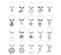 BENECREAT 20 set di 20 ciondoli a tema spiaggia per bicchieri da vino, marcatori nautici a forma di sirena, barca, stella marina, etichette identificative per stelo in vetro, degustazione di vino