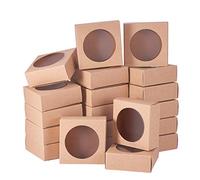 BENECREAT 24 Pezzi Scatola di Cartone Pieghevole Marrone con Finestra Trasparente 10x10x2,4 cm Contenitore di Gioielli Regalo Contenitore Superiore per Torta, Artigianato, Gioielli