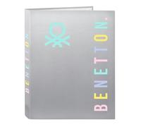 BENETTON SILVER - Cartellina con 4 anelli, ideale per bambini di diverse età, comoda e versatile, qualità e resistenza, 26,5 x 33 cm, colore argento