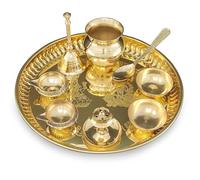 BENGALEN Pooja Thali - Set in ottone da 20,3 cm con accessori Pital piatto, Kuber Diya, Ghanti, Kalash, cucchiaio, ciotola, supporto Agarbatti per Puja, Diwali, casa, ufficio, articoli regalo di nozze