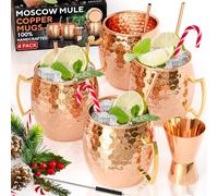 BENICCI Set di 4 tazze Moscow Mule, 100% realizzate a mano, in puro rame massiccio per alimenti, set regalo da 473 ml, con cannucce in rame di alta qualità e misurino