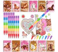 BenLouis 24 mini libri da colorare floreali con cavalli per bambini con 24 pastelli impilabili Cowgirl bomboniere per feste libri di attività per bambini ragazze corse di cavalli fiore Goodie Bag
