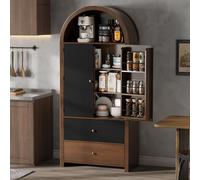 BENMWS Armadietto ad arco effetto noce, 180 × 80 × 40 cm, mobile da cucina, vetrinetta per vino con ripiani, scomparto superiore aperto e 2 cassetti, per cucina, sala da pranzo, soggiorno, camera da