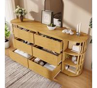 BENMWS Cassettiera 80 x 160 cm, design romano con colonne e ripiani in bambù, 6 cassetti e mensole aperte, piedini regolabili in altezza