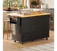 BENMWS Credenza a isola della cucina, colore nero, 90 x 140 cm, carrello da cucina estraibile su ruote con portasciugamani e portaspezie, ripiani regolabili, due ante, cinque cassetti