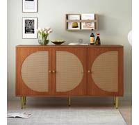 BENMWS Credenza con 3 ante decorate in rattan, comò con maniglie in metallo, per camera da letto, soggiorno, ufficio, noce