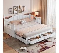 BENMWS Divano letto allungabile in legno massiccio, con colonne romane, con schienale e braccioli curvi, con cassetti e rete a doghe, letto multifunzione in legno di pino, bianco (senza materasso)