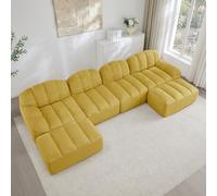 BENMWS Divano modulare a 4 posti a U con 2 ottomani, a forma di conchiglia, divano boneless in schiuma 32D ad alta densità, seduta profonda, giallo, ideale per soggiorno, tessuto morbido