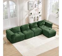 BENMWS Divano modulare a forma di L a 4 posti, senza cornice, con sgabello, imbottito con schiuma 32D ad alta densità, cuscino profondo, tessuto morbido e confortevole, ideale per il soggiorno, verde