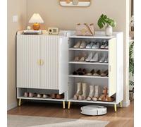 BENMWS Due scarpiere moderne, con doppia porta, per il guardaroba da corridoio per riporre e organizzare, in MDF, a tre strati, colore bianco, cassetto aperto in basso, 80 x 110 cm