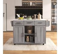 BENMWS Grande carrello da portata, 90 x 140 cm, impiallacciatura in legno massiccio grigio per il corpo + marmo bianco, piano di lavoro pieghevole, porta di appoggio, ruote, piedini in legno massiccio