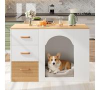 BENMWS Isola da cucina con 3 cassetti, 120 x 60 x 90 cm, vano portaoggetti laterale, senza ciotola e senza cuscino per animali, combinazione bianco e effetto legno